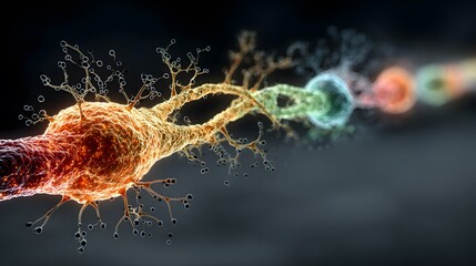 Obraz premium Neuron transmits signal across synapse in intricate biological process.