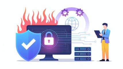 Cybersecurity concept with a locked computer screen shield flames and a person reviewing data representing digital protection and data security