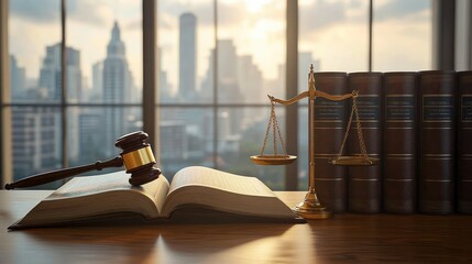 Legal gavel resting on an open book with brass scales of justice and a row of thick law books by a window overlooking a cityscape during sunset