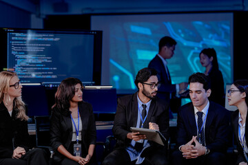 A large IT department meeting in a command center (SOC). An Indian analyst holds a tablet, listening with his team to a cybersecurity update on an AI system.