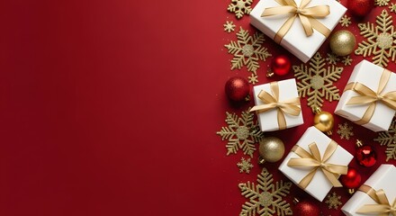 Christmas gifts and ornaments on a festive red background