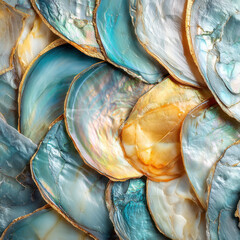 Colorful iridescent shells with gold edges create mesmerizing pattern. vibrant blues and warm yellows blend harmoniously, showcasing nature beauty in captivating display