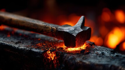 Metalworking tool rests upon a glowing hot surface during intense forging