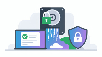 Digital data security and privacy protection concept with laptop hard drive cloud and shield icons symbolizing secure information storage and access