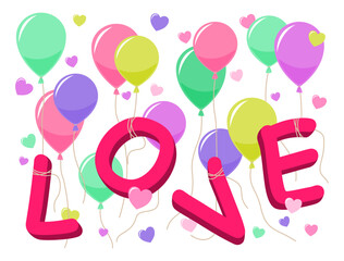 Colorful Balloons with Love Text and Heart Shape Floating in the Air for Valentine and Party Concept Illustration Clip Art