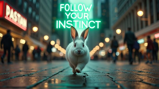 A cute white rabbit runs on a city street, illuminated by the glow of neon text that says 'FOLLOW YOUR INSTINCT'.