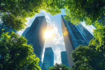 Sunlight shining between tall modern glass skyscrapers framed by lush green tree branches with a bright blue sky and scattered clouds