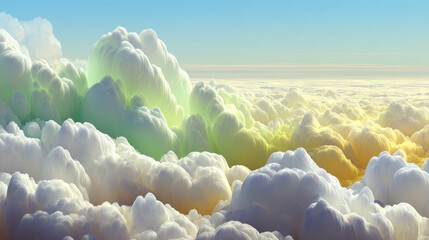 Vibrant sky filled with fluffy, colorful clouds creates dreamy and serene atmosphere. clouds display spectrum of pastel hues, including soft greens, yellows, and blues, under clear blue sky