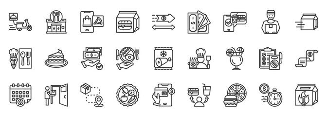Food delivery icon set collection outline. Icon pack contains delivery, order, food, courier, package, restaurant, hotbox, tracking, fast food, service