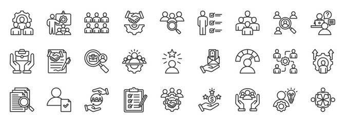 Human resources icon set collection outline. Icon pack contains recruitment, hiring, interview, candidate, employee, workforce, onboarding, training, development, and evaluation