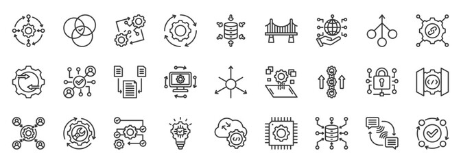 Integration icon set collection outline. Icon pack contains integration, connect, sync, merge, link, bridge, unify, combine, fusion, join