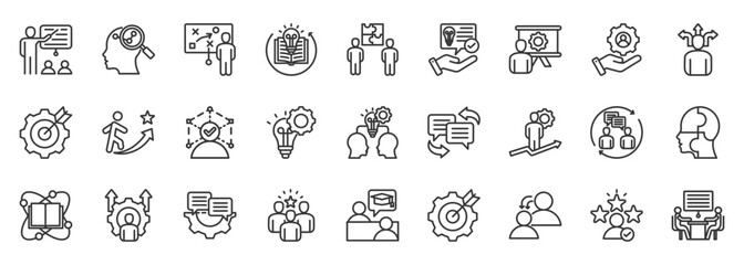Mentoring icon set collection outline. Icon pack contains mentoring, guidance, coaching, training, teaching, learning, advice, support, leadership, and  mentee
