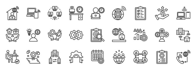 Naklejka na ściany i meble Remote work icon set collection outline. Icon pack contains remote, work, virtual, flexible, digital, mobile, branch office, team, collaboration, task Naklejka na ściany i meble Remote work icon set collection outline. Icon pack contains remote, work, virtual, flexible, digital, mobile, branch office, team, collaboration, task