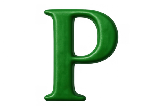 Green letter p presenting a shiny, embossed 3d texture. Alphabet character isolated with a transparent background