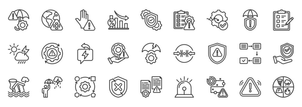Mitigation icon set collection outline. Icon pack contains mitigation, prevention, reduction, control, protection, security, planning, preparedness, management, response