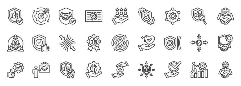 Reliability icon set collection outline. Icon pack contains reliability, trust, consistency, dependability, security, loyalty, integrity, accuracy, certainty, and endurance