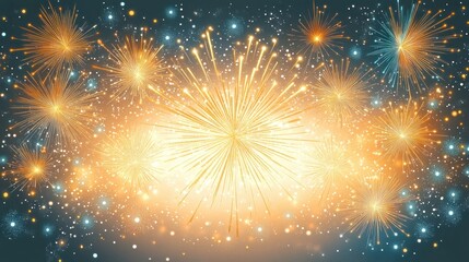 Bright golden and blue fireworks exploding in the night sky creating a festive and celebratory atmosphere with sparkling stars and glowing lights