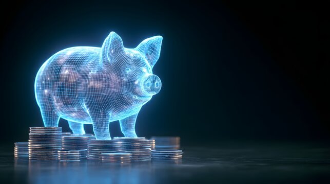 Glowing digital wireframe representation of a stylized animal figure stands atop stacks of metal currency in a dark environment
