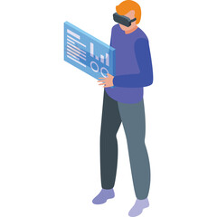 Man Wearing VR Headset Interacting With Futuristic Digital Display Showing Data Charts and Graphs In A Clean Isometric View
