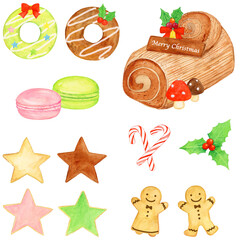 手描き水彩イラスト クリスマススイーツセット ドーナツ ブッシュドノエル クッキー マカロン キャンディケーン / Hand-drawn Watercolor Illustration Christmas Sweets Set Donut Yule Log Cookie Macaron Candy Cane