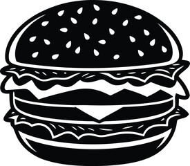 Black and White Burger Silhouette Vector Icon Isolated on White Background