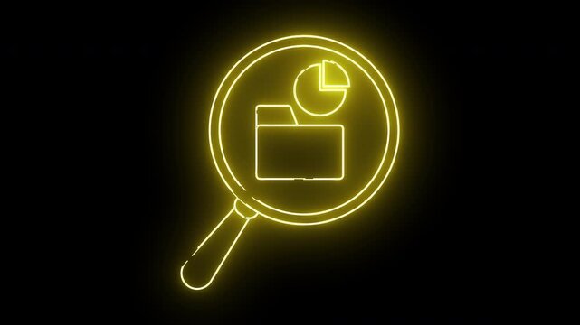 Illuminated neon outline of a magnifying glass focusing on a folder with a pie chart overlay