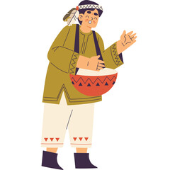 Man Wearing Traditional Indigenous Attire With Drum and Feather Headdress Standing Against White Background