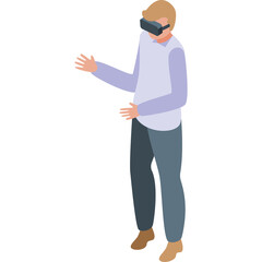 Man Wearing Virtual Reality Headset and Goggles Gesturing with Hands Wearing Light Purple Long Sleeve Shirt and Grey Pants on White Background