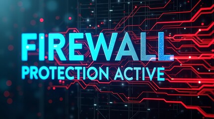 Digital illustration featuring bold text stating 'FIREWALL PROTECTION ACTIVE' against a high-tech background with intricate data patterns.