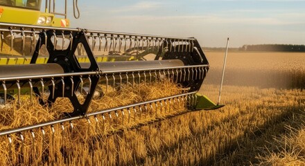 Combine header with rotating reel actively harvesting ripe golden grain in a sunny field