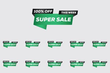 Big Set of Black & Green Promotion Badges – Sale, Discount, Special Offer, 10%-100% Off Shopping Banner Stickers | Vector Illustration