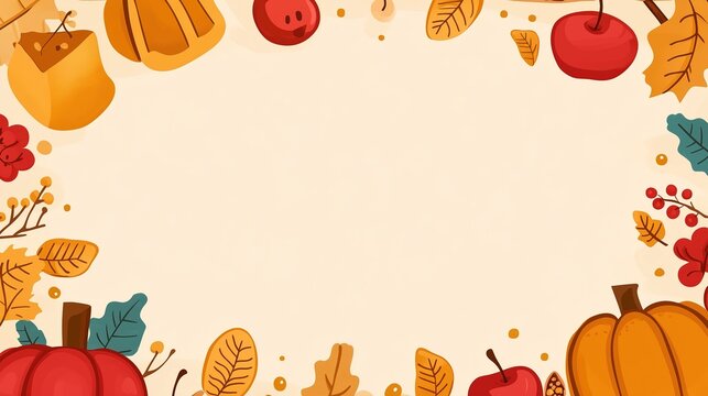 Fall background with cute cartoon elements and central empty space for text, flat vector illustration style with cozy autumn colors and decorations