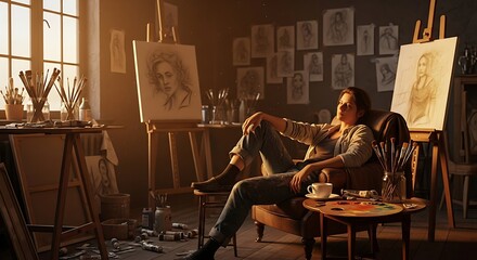 Electronics technician diligently working on a circuit board with various testing equipment on a workbench in a workshop, illuminated by warm lamplight