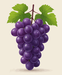 Fototapeta premium Purple grape cluster with green leaves, realistic vector illustration, isolated on beige background