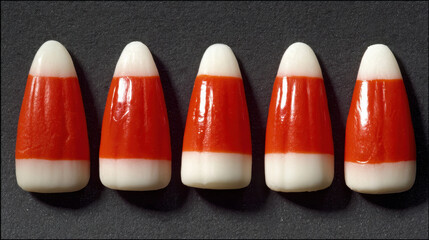 Five red and white candy corn pieces are neatly arranged in row on dark background, showcasing their vibrant colors and smooth texture. candies evoke festive and playful mood