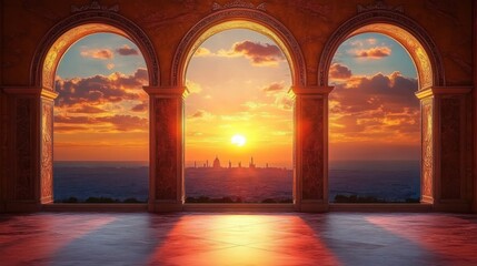 Sunset view through three large ornate arches overlooking a distant city skyline with vibrant orange and yellow sky