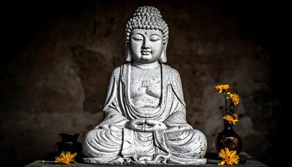 Fototapeta premium Serene statue of a seated figure, with flowers flanking the sides