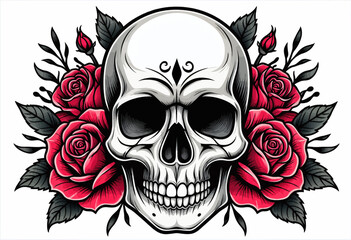 Skull with red roses tattoo design, black and white illustration, isolated