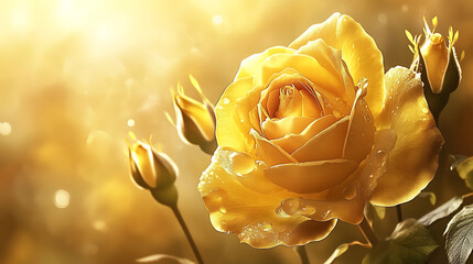 Radiant yellow rose with water droplets glistens in the soft golden sunlight near buds