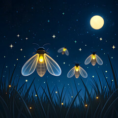 glowing firefly lights in dark blue night background
