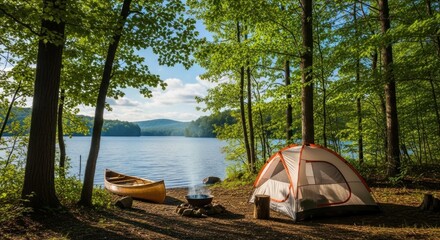 Lakeside forest campsite with tent, canoe, and crackling campfire under sunny skies