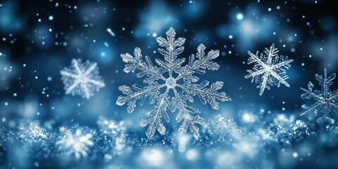 Close-up view of delicate, intricate snowflakes falling on a soft, icy blue surface with blurred background light spots creating a peaceful, winter atmosphere