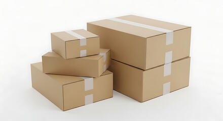 Cardboard boxes stacked, various sizes, white background, delivery concept.