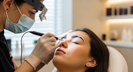 A woman receiving a microblading treatment on her eyebrows.