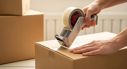 Close up of a person packing and sealing a cardboard box with a tape dispenser.