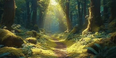 Poster Monde féerique Sunlight streaming through tall ancient trees illuminating a moss-covered forest path surrounded by lush green ferns and dense foliage, evoking peace and tranquility  © tiger
