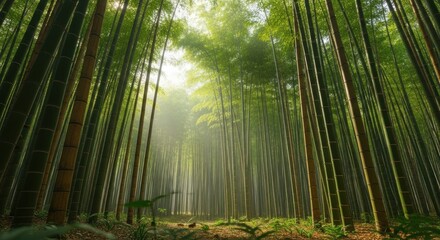 Dense bamboo forest with sunlight filtering through the green canopy