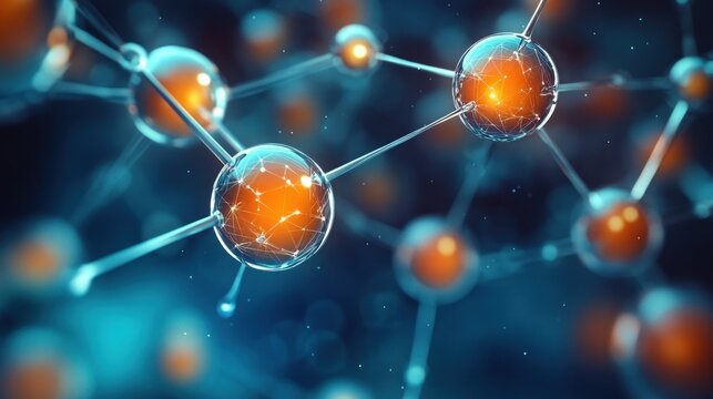 Close-up visualization of interconnected glowing orange molecular structures with blue background illustrating complex scientific or technological concept