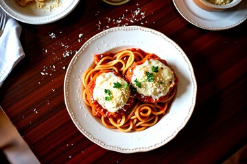 Spaghetti pasta with meatball dish on plate