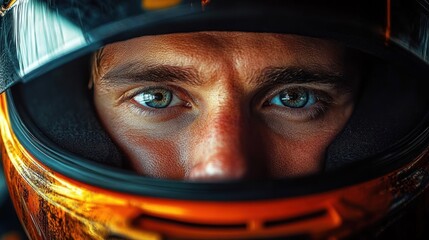 Intense close-up of a person with piercing blue eyes wearing a reflective orange and black racing helmet, showing determination and focus